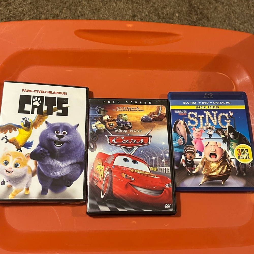 Disney Pixar Cars DVD, Cats DVD, & Sing Blu-ray